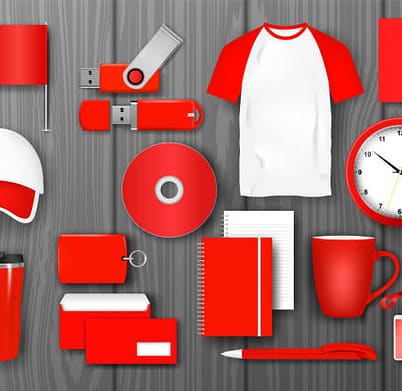 Red corporate identity promotional set. Business corporate souvenir promotion stationery items. Flag, letter, cover, brochure, mug, business card, bag, badge, cap, wall clock, pen, notebook vector